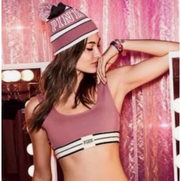 Victorias Secret PINK Knit Hat Sporty Streetwear Blue White Winter Pom Pom - Picture 2 of 7